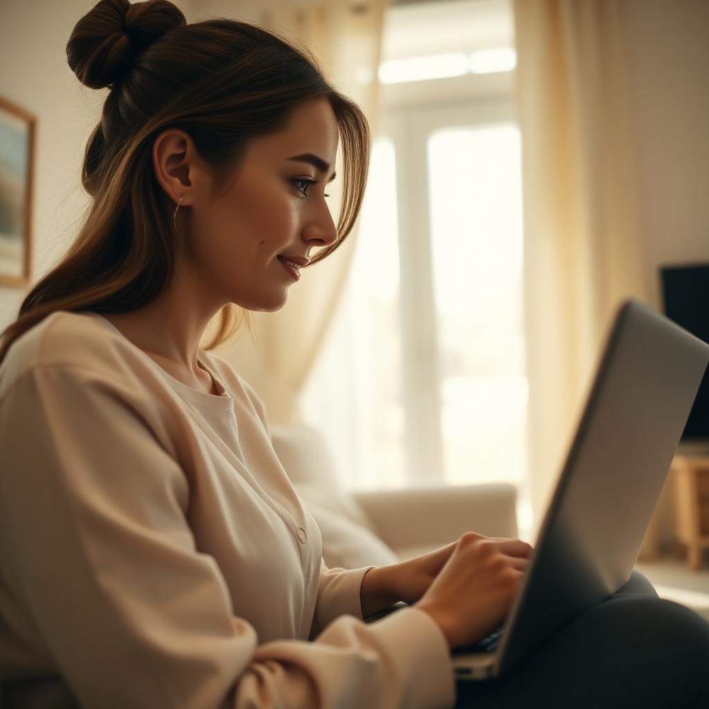 A patient in a sunlit room taking a Cordial Health telehealth psychiatry visit on a laptop